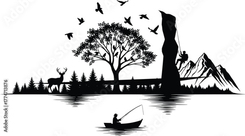 Silhouetted outdoor activity illustration, fishing boating rock climbing forest wildlife mountains, black vector artwork, nature adventure concept, wilderness lifestyle design