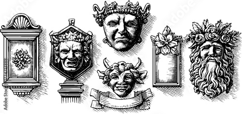 Vintage architectural ornaments and medallion masks collection for design and decoration