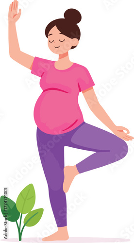Illustration of Pregnant Woman Practicing Yoga Tree Pose