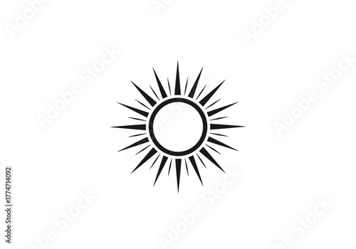 A stylized black sun with jagged rays around a circular center on a white background