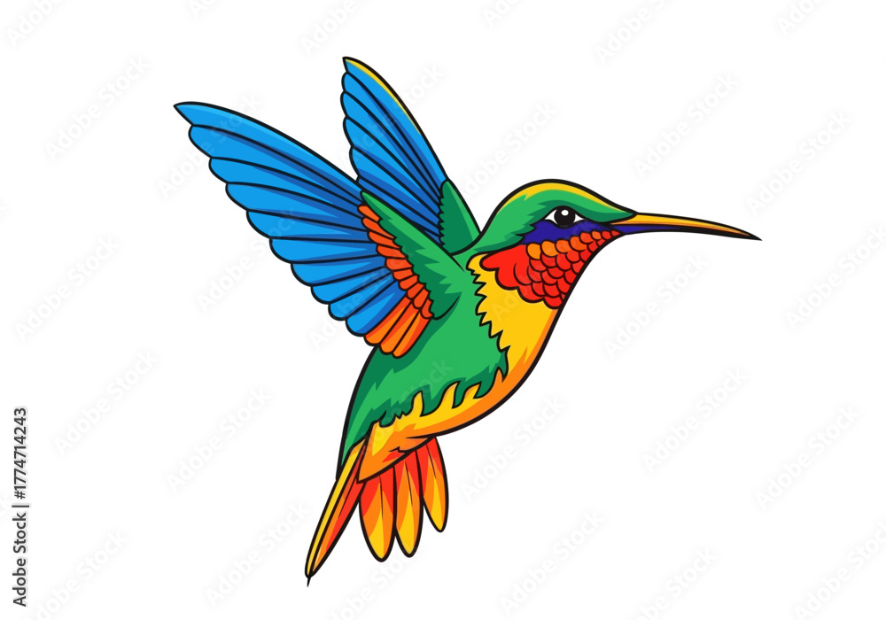 Obraz premium A vibrantly colored hummingbird is depicted in a fullbody sideprofile illustration against a plain white backdrop
