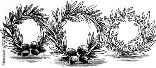 Vintage botanical wreaths with olive and laurel branches for decorative design