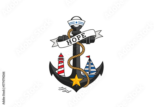 An anchor with a lighthouse sailboat star and Hope banner