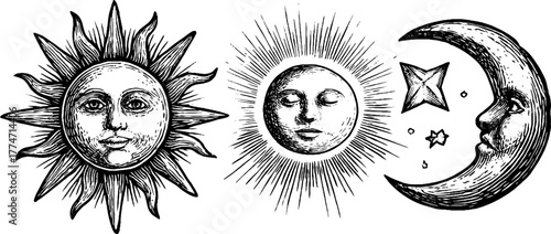 Celestial motifs of sun, moon, and stars with radiant design for artistic creations