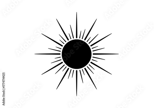 Black sunlike shape with pointed rays extending outwards on white