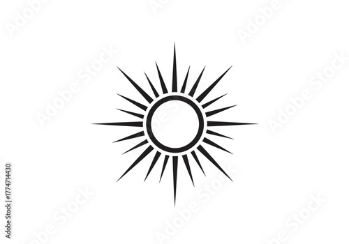 Black sunburst circle surrounded by sharp rays against a white background