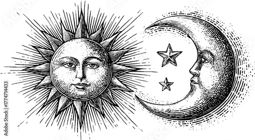 Celestial motifs featuring sun, moon, and stars in vintage hand-drawn style