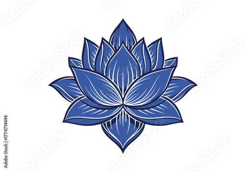 Blue lotus flower with white line details on a white background