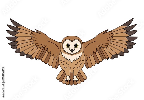 Cartoon owl with open wings brown and beige color staring straight ahead