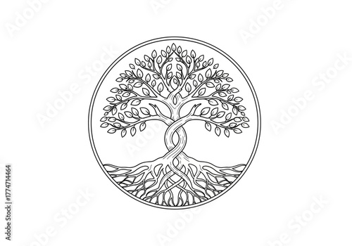 Circular emblem depicting a tree with intertwined trunk leaves and roots