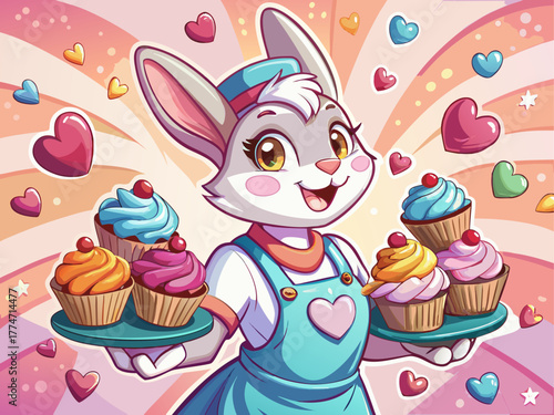 A happy rabbit in a pastel apron holds a tray of freshly baked cupcakes, surrounded by hearts and sprinkles, radiating sweetness and charm, detailed vector art