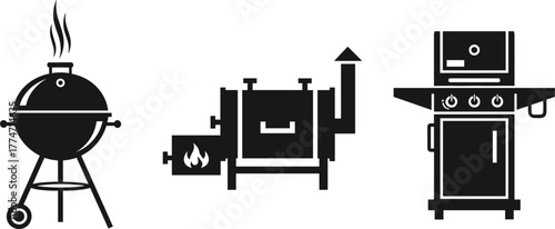 Set of Black Grill, Barbecue, and Smoker Equipment Silhouette Icons Vector Illustration