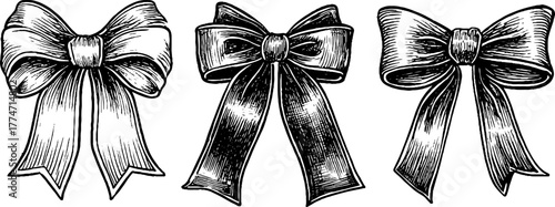 Vintage decorative ribbon set with engraved folds and tied bows for retro design