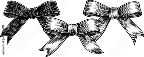 Decorative vintage ribbons with engraved folds and tied bows for retro designs