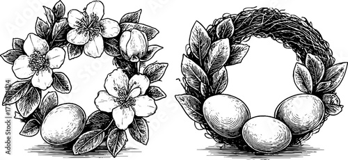 Easter wreath frames with flowers, eggs, and leaves for spring decoration and design