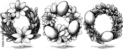 Elegant easter wreath frames featuring flowers, eggs, and leaves for holiday design