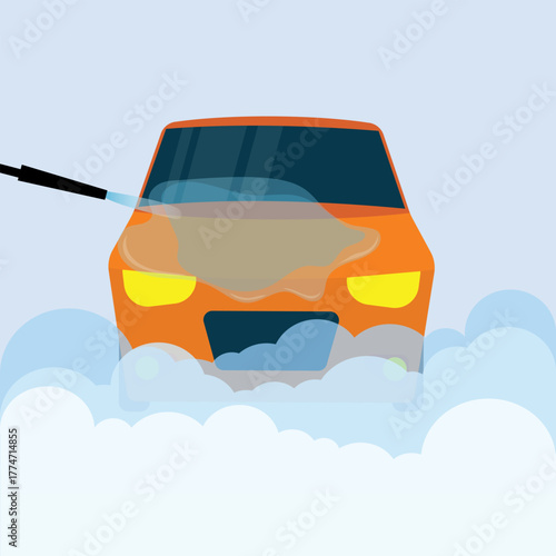 Orange automobile in a car washing service