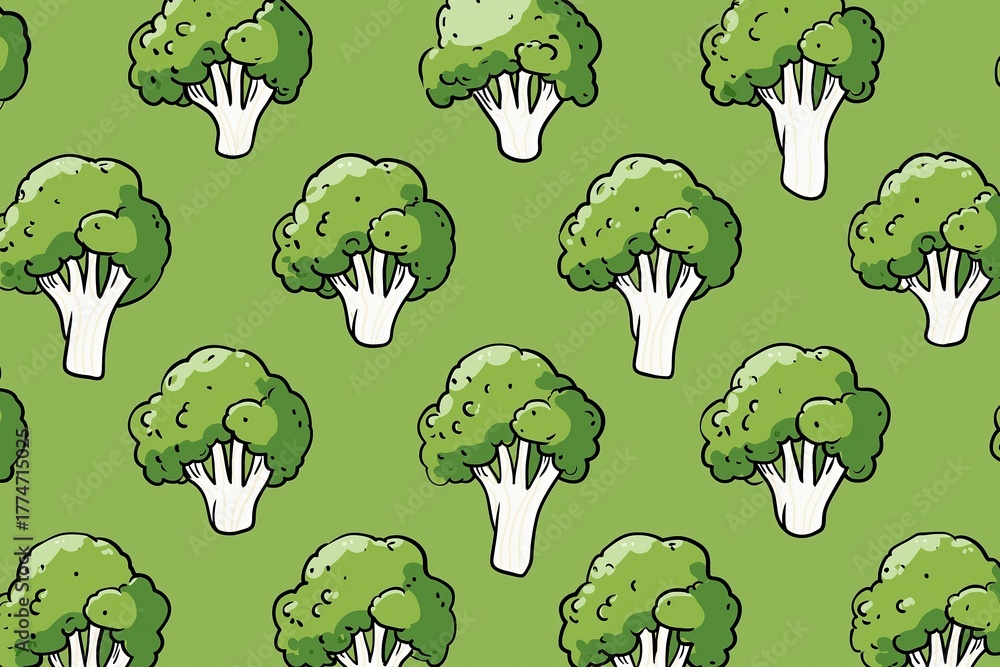 Broccoli vegetable seamless repeating pattern on green background, flat vector graphic design in simple cute cartoon doodle sketch style, ideal for food packaging, textile print, and educational mater