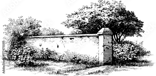 Vintage engraved garden wall with trees and foliage for design projects