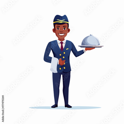 Smiling steward holding serving tray with cloche illustration isolated