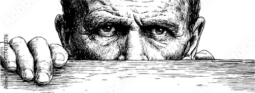 Vintage engraving of a man peering over a wooden surface - detailed hand-drawn sketch silhouette for retro design