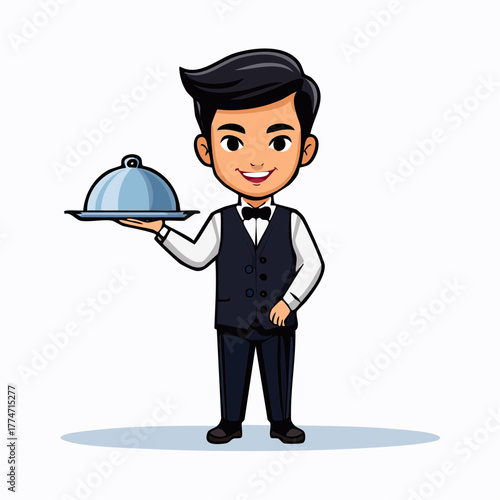 Smiling waiter holding silver platter illustration for restaurant service