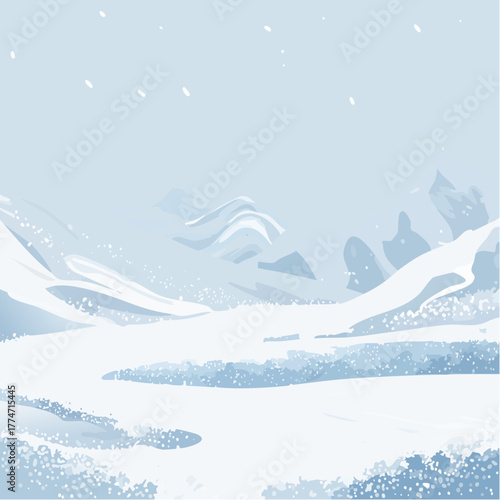 Snowy landscape illustration serene winter scene with mountains and snowfall