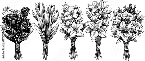 Vintage floral arrangements in engraving style for retro design
