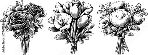 Vintage floral bouquet collection with mixed seasonal flowers for design and decoration