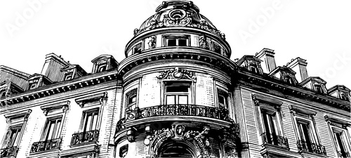 Decorative architectural facade with ornate window trims and sculpted details