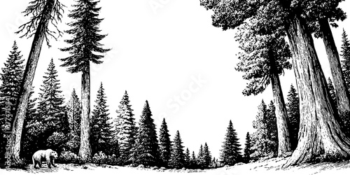 Luxurious forest scene with bear in hand-drawn engraving style for design use