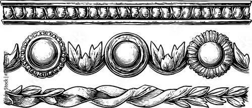 Neoclassical decorative borders with greek key patterns and laurel motifs for design and decoration