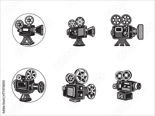Vintage film camera collection black and white vector illustration graphic resource