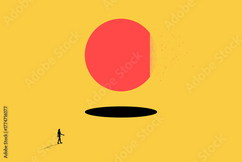 Business woman facing large ball. concept of Business leader, courage, bravery, fearless leadership and success