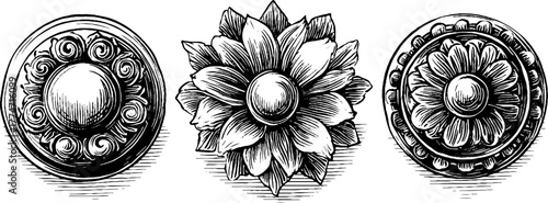 Ornamental ceiling rosettes with layered petals and radial symmetry design