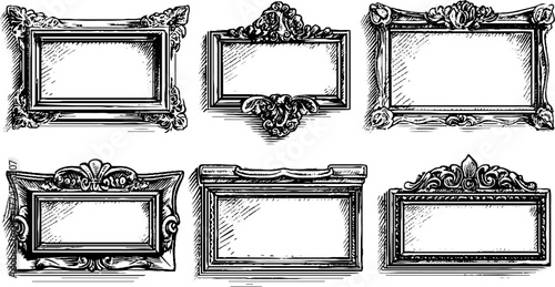 Vintage rectangular frames with ornate detailed corners and curved edges for design and decoration