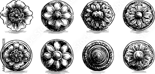 Ornamental relief tile designs with floral rosettes and sculpted faces for artistic decor