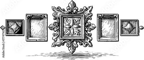 Ornamental renaissance panels with symmetrical scrolls for decorative design