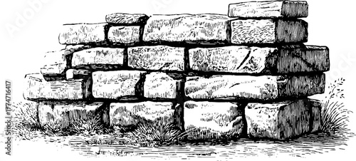 Rustic stone wall with uneven bricks and carved joints in vintage style for design
