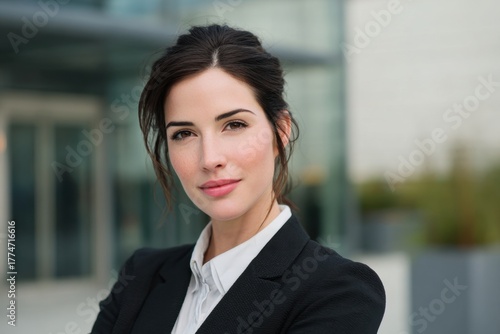 Confident businesswoman posing outside modern office building Free Download Confident businesswoman posing outside modern office building - GFXLoad