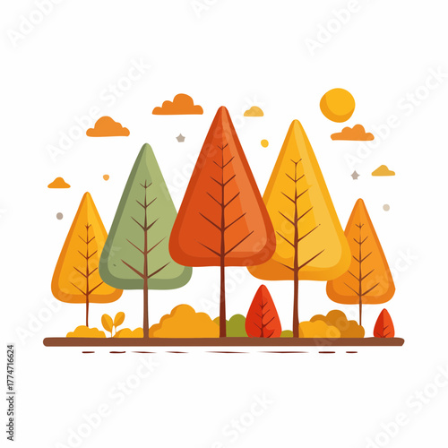Stylized autumnal forest trees landscape illustration with sun and clouds