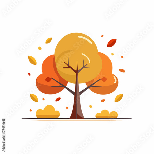Stylized autumnal tree illustration with falling leaves isolated on white