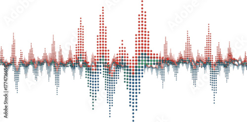 Multi colored halftone pattern from red, green, blue dots. Modern design rhythm of heart. Spectrum of sound wave, audio waveform. Abstract dotted ornament isolated on white background