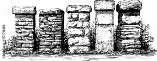 Vintage sketch of structural wall sections with brick layering and stone bonding