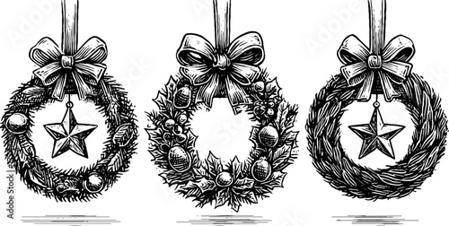 Vintage christmas wreath compositions with stars and bows for holiday greeting cards