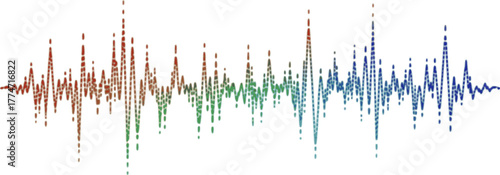 Multi colored halftone pattern from red, green, blue dots. Modern design rhythm of heart. Spectrum of sound wave, audio waveform. Abstract dotted ornament isolated on white background