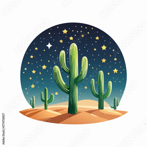 Stylized cactus illustration under a starry night sky in a desert landscape