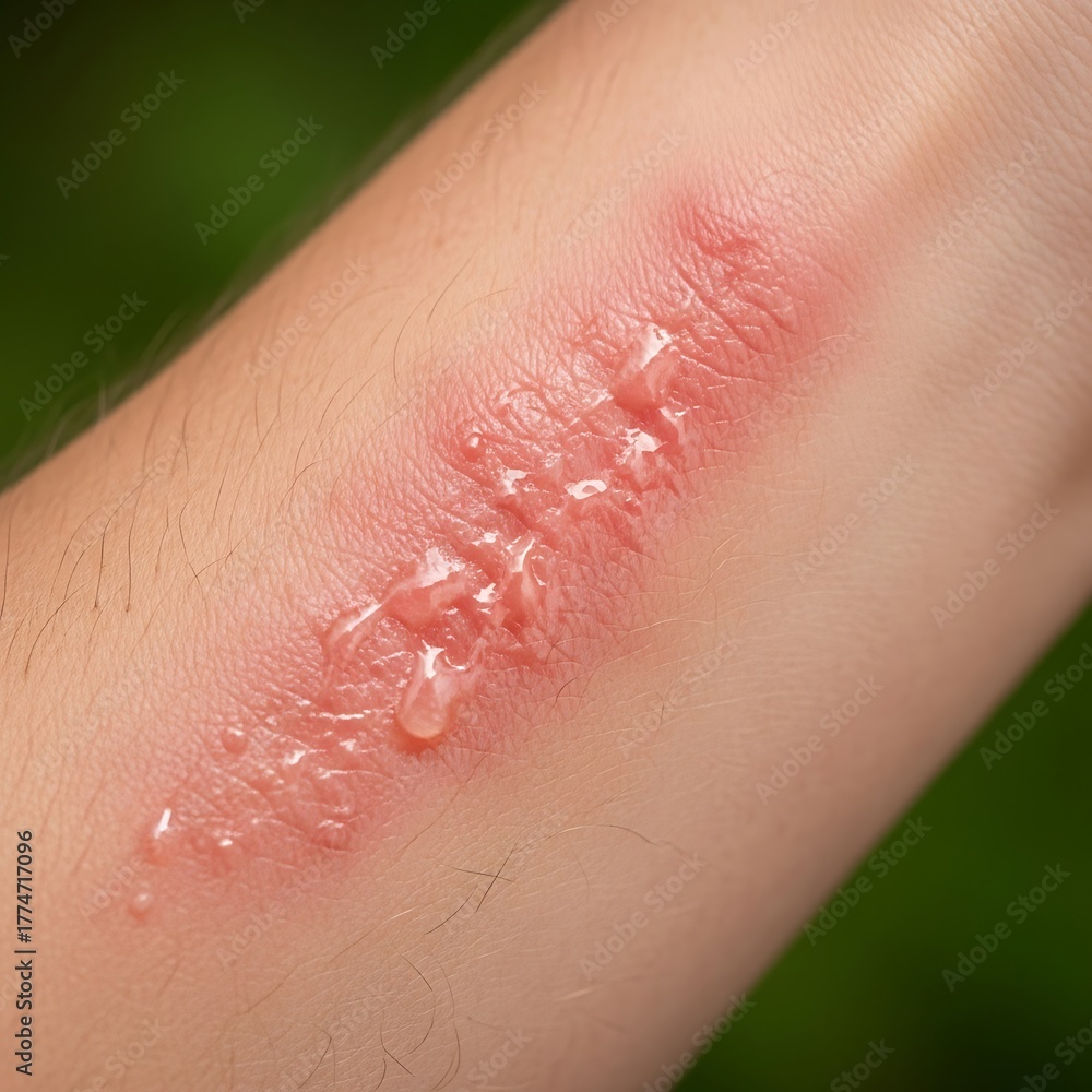 Fototapeta premium Close-up of a painful skin rash with blisters and fluid on a persons arm.