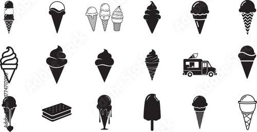 Collection of various ice cream, cone, dessert, sweet, food, summer,  icons in black and white design