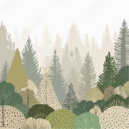 Stylized forest scene with diverse trees and shrubs against a white background